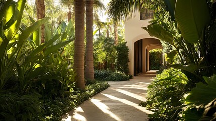 Obraz premium Contemporary luxury home with seamless indoor-outdoor design, surrounded by tall palms and lush gardens, warm sunlight casting tranquil shadows, serene sophistication. 