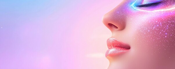 Obraz premium Glowing Particle Adorned Woman Profile Pastel Background