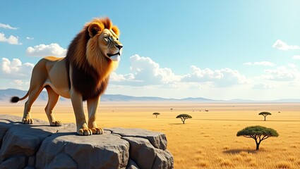 A breathtaking photorealistic portrait of a magnificent lion, its golden mane glistening in the sunlight as it stands proudly on a rocky outcrop.
