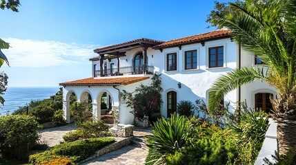 Contemporary Mediterranean villa, white walls and stone details, ocean stretching beyond, framed by lush greenery, vibrant coastal daylight 