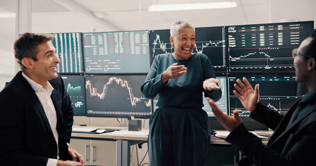 Computer screen, laughing and stock market with business people in office together for trading goals or target. Finance, meeting and portfolio management with funny broker team at work for success