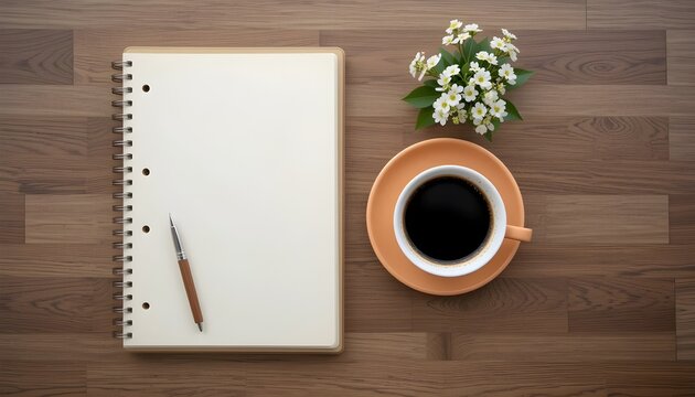 Top View of Notebook With Coffee Cup and Flowers on Wooden Desk