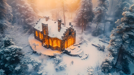 Cozy Cabin in Winter Wonderland: A snow-covered cabin nestled in a serene winter forest, with warm lights glowing from within, creates an inviting scene of comfort and seclusion.