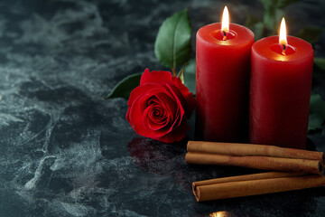 two red pillar candles and a rose and cinnamon stick, love spell