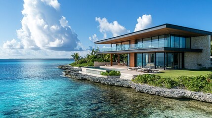 Contemporary oceanfront villa featuring sleek architecture, expansive glass windows, and warm wood and stone textures, ocean views stretching endlessly under bright midday  