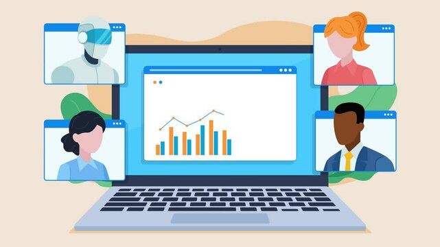 A website with an animated line graph appears on the laptop screen. Tiles with images of employees appear around the laptop. One of the employees is an AI bot.