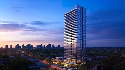 Obraz premium Contemporary real estate gem, luxury condo tower with a sleek silhouette, reflective facade capturing the sky, ideal for vibrant property photography 