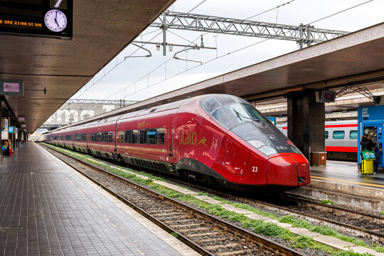 Italo AGV high-speed train of Nuovo Trasporto Viaggiatori NTV at Roma Termini railway station in Rome, Italy