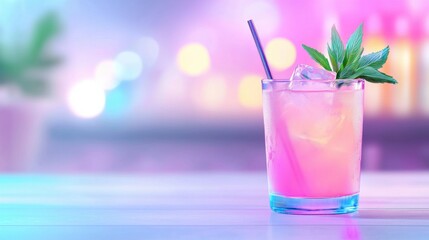 Pink Neon Cocktail on Bar Counter