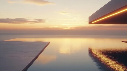 Fototapeta premium Contemporary villa featuring a glowing infinity pool at sunset, warm golden light casting soft shadows on clean architectural lines, tranquil ocean view in the background. 