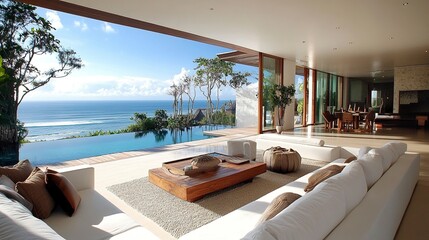 Fototapeta premium Contemporary villa interior, large living room with ocean backdrop, sleek white walls, wooden terrace with pool under bright skies 