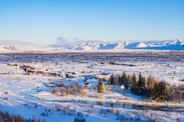 Winter landscape of Thingvellir National Park, sunset view.