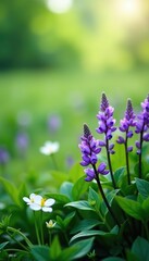 Beautiful purple and white flowers in a vibrant green field,  colorful, bouquet