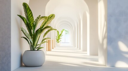 serene white archway corridor with tropical plant
