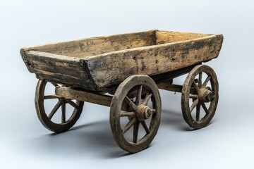 An old weathered wooden cart standing on a plain background