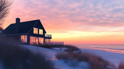 Cozy beach house surrounded by rolling dunes, large windows offering panoramic sea views, soft pastel skies at sunset, warm and inviting ambiance, natural elegance. 