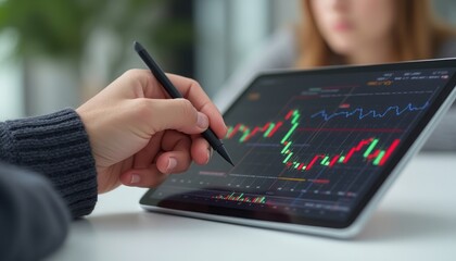 A close-up view captures a hand holding a stylus, poised over a tablet displaying vibrant stock market graphs in red and green. The background hints at a focused individual, emphasizing the intensity