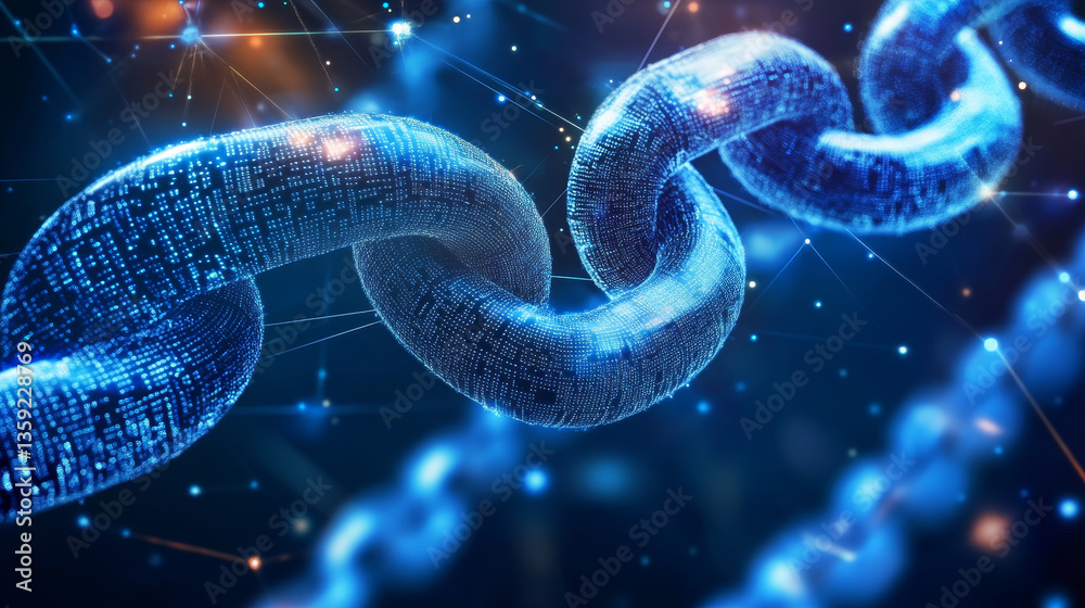 Poster blockchain in global digital network, quantum computer, nanotechnological circuit, high-tech process