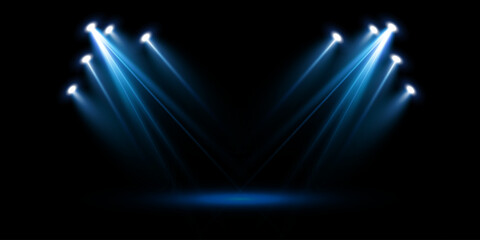 Spotlights of bright blue light with isolated place for stage and presentations. Vector glowing spotlight light effect with transparent beams. 