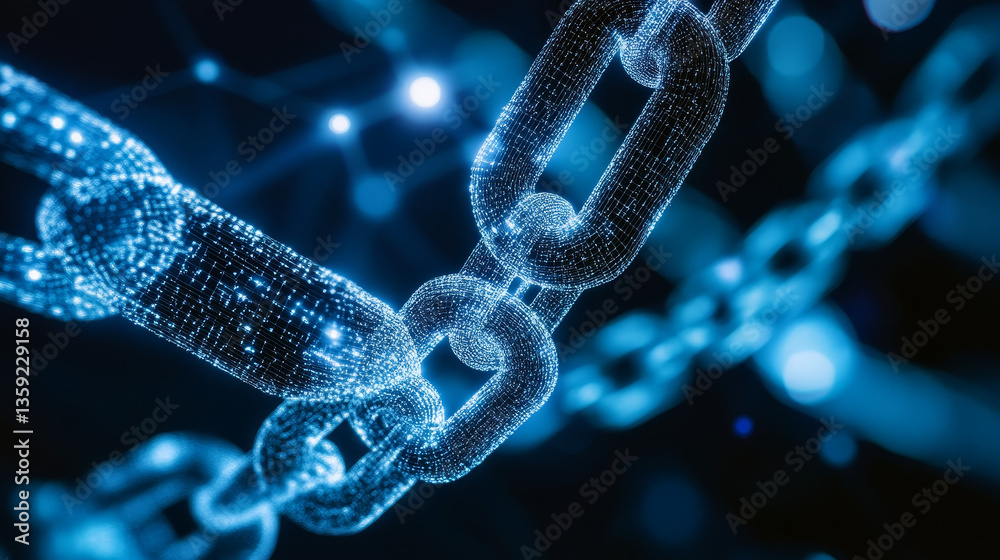 Poster blockchain in global digital network, quantum computer, nanotechnological circuit, high-tech process