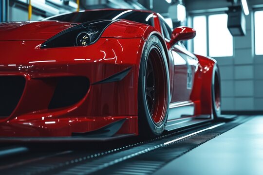 Car Dyno. Red Car with Tuning Rim Speed Driving in Fast Motion
