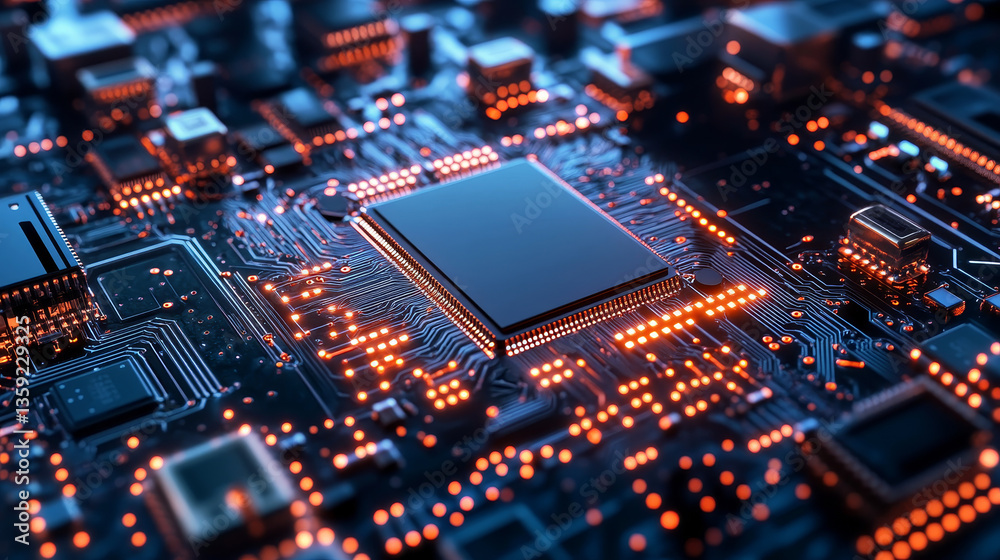 Poster blockchain in global digital network, quantum computer, nanotechnological circuit, high-tech process