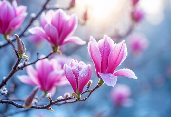 Fototapeta premium Pink magnolia flowers blooming in winter sunlight 