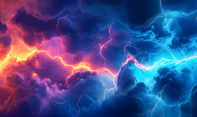 Fototapeta premium Dramatic storm clouds illuminated by vibrant lightning bolts in a dynamic sky, creating a captivating atmosphere