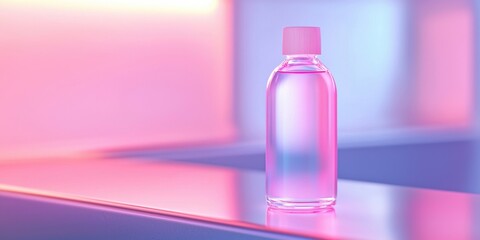 Pink Glass Bottle on Reflective Surface with Purple and Pink Lighting