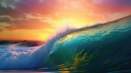 Obraz premium The close up picture of the ocean wave is waving in the sea water at the dawn or dusk time, ocean wave is disturbance on surface of the sea that generated by wind blows across surface of water. AIG51.