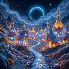 Fototapeta premium Whimsical Neon Beaded Fairy-Tale House with Volumetric Fractal Textures and Iridescent Crystals