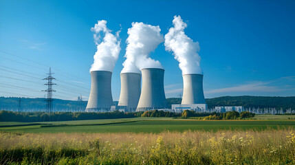 A panoramic view of a nuclear power plant with massive cooling towers releasing white steam under a clear blue sky