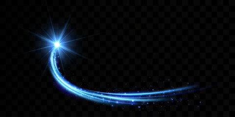 Blue comet with sparkling stars and dust.  The magic of shining blue dust. Fine, shiny dust, bokeh.