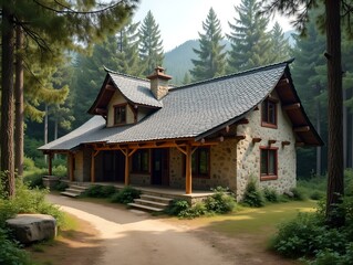 Traditional rural cottage with gray tile roof surrounded by dense forest, wooden beams and natural sunlight creating serene countryside lifestyle atmosphere.