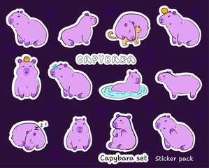 Set sticker pack, trendy Whimsical Purple Capybara, Cute Pastel Animal Art. vector hand drawn doodles.