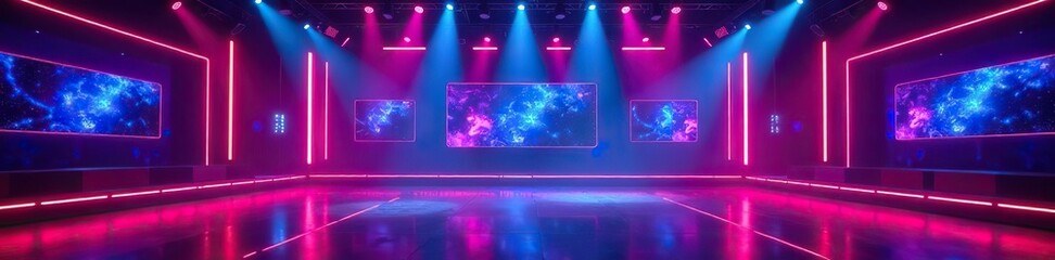 Bright lights and flashy game show set with colorful neon lights and bold graphics,  energy,  studio