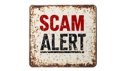 Scam alert sign with red and black letters on a white, metal, rusted square surface.