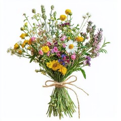 Fototapeta premium Colorful Bouquet of Wildflowers in a Rustic Style with Natural Twine Tying for a Fresh Garden Aesthetic