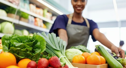 Smiling woman in supermarket arranging fresh fruits and vegetables