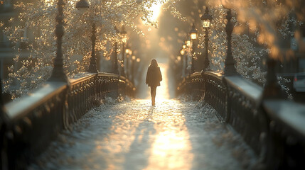 A figure walks across a snow-covered bridge illuminated by a bright golden sun Trees line the bridge decorated with