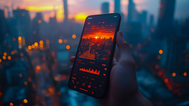 Hand holding phone displaying stock market data against city skyline at sunset backdrop.