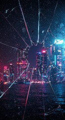 Neon Cityscape Through Shattered Glass