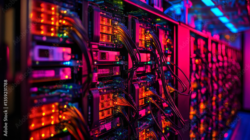 Poster blockchain in global digital network, quantum computer, nanotechnological circuit, high-tech process