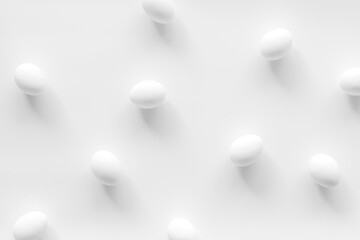 Set of chicken eggs on white background, top view. Food pattern. Easter background