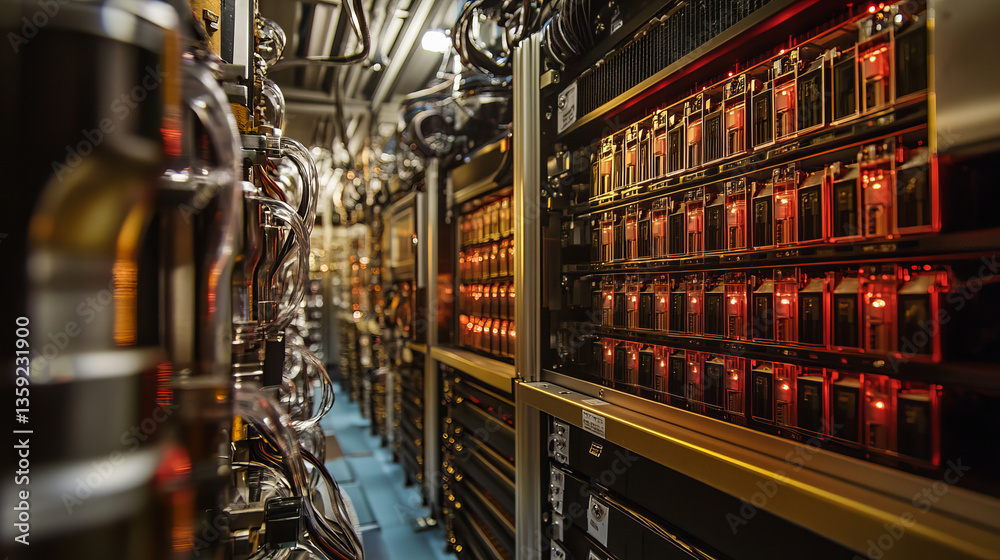 Poster blockchain in global digital network, quantum computer, nanotechnological circuit, high-tech process
