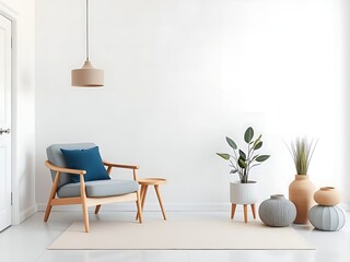 Minimalist White Living Space with Mid-Century Accent Chair. High Quality Photo
