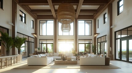 Fototapeta premium Elegant beach hotel lobby, soaring high ceilings with natural wood beams, large windows flooding the space with sunlight, modern coastal decor 