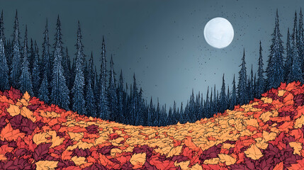 A forest floor covered in autumnal leaves with evergreen trees under a full moon in the dark sky filled with stars