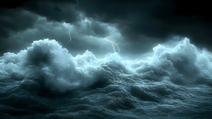 Fototapeta premium Raging Storm Over Ocean: A dramatic image of a stormy sea with dark, ominous clouds, showcasing the power and raw beauty of nature's elements, perfect for evoking a sense of awe and wonder. 