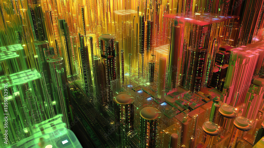 Poster high technology, nanostructures and digital universe. 3d illustration of cyberspace and global datab